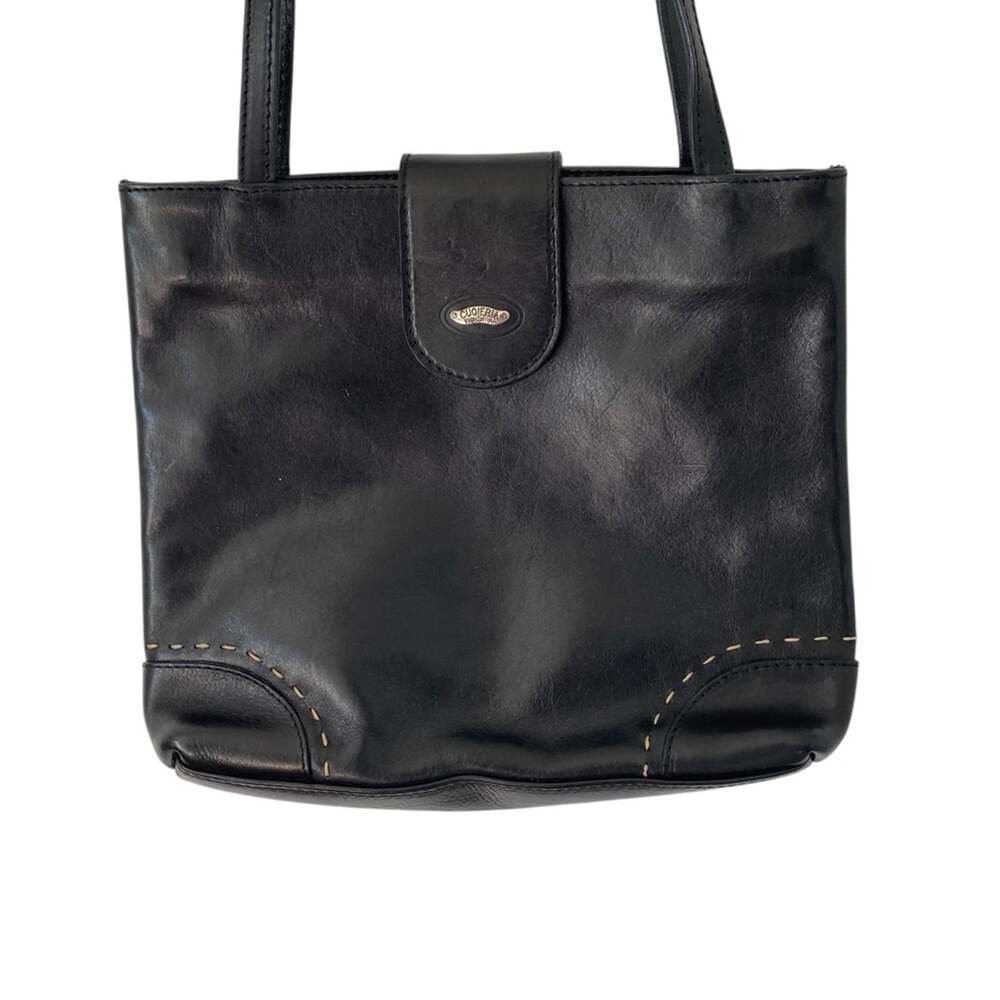 Cuoiera Fiorentina Smooth Black Leather Double Strap Purse Top Stitch Shoulder
